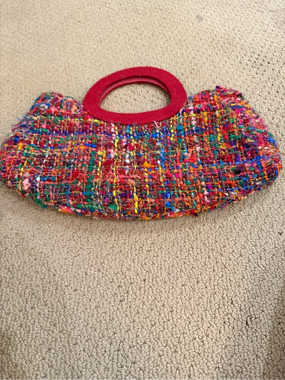 Handcrafted Multicolor Crochet Clutch with Red Handle